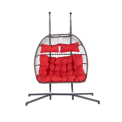 38" Red Gray And Black Faux Rattan Steel Outdoor Folding Egg Chair HomeRoots