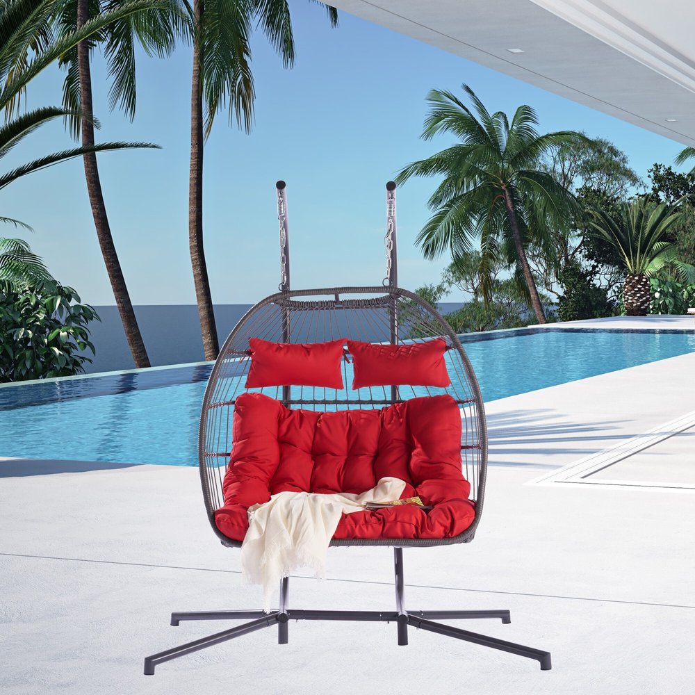 38" Red Gray And Black Faux Rattan Steel Outdoor Folding Egg Chair HomeRoots