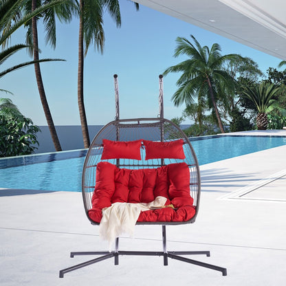 38" Red Gray And Black Faux Rattan Steel Outdoor Folding Egg Chair HomeRoots