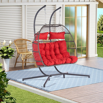 38" Red Gray And Black Faux Rattan Steel Outdoor Folding Egg Chair HomeRoots