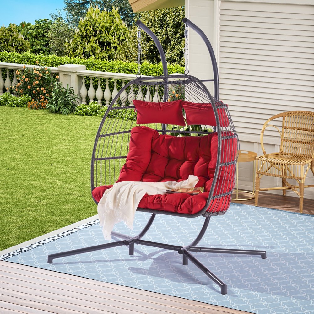 38" Red Gray And Black Faux Rattan Steel Outdoor Folding Egg Chair HomeRoots