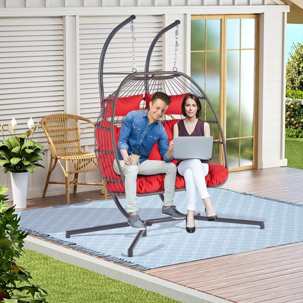 38" Red Gray And Black Faux Rattan Steel Outdoor Folding Egg Chair HomeRoots