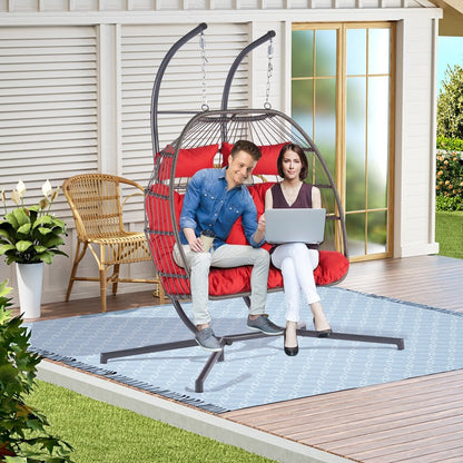38" Red Gray And Black Faux Rattan Steel Outdoor Folding Egg Chair HomeRoots