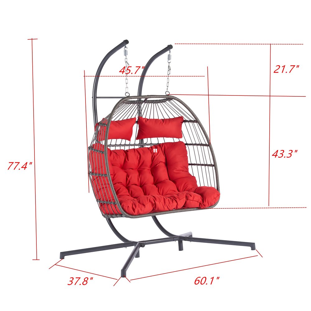 38" Red Gray And Black Faux Rattan Steel Outdoor Folding Egg Chair HomeRoots