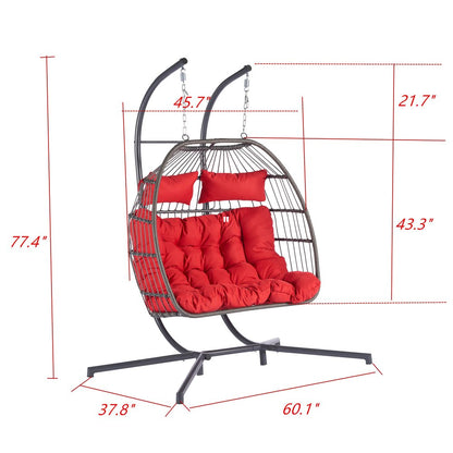 38" Red Gray And Black Faux Rattan Steel Outdoor Folding Egg Chair HomeRoots