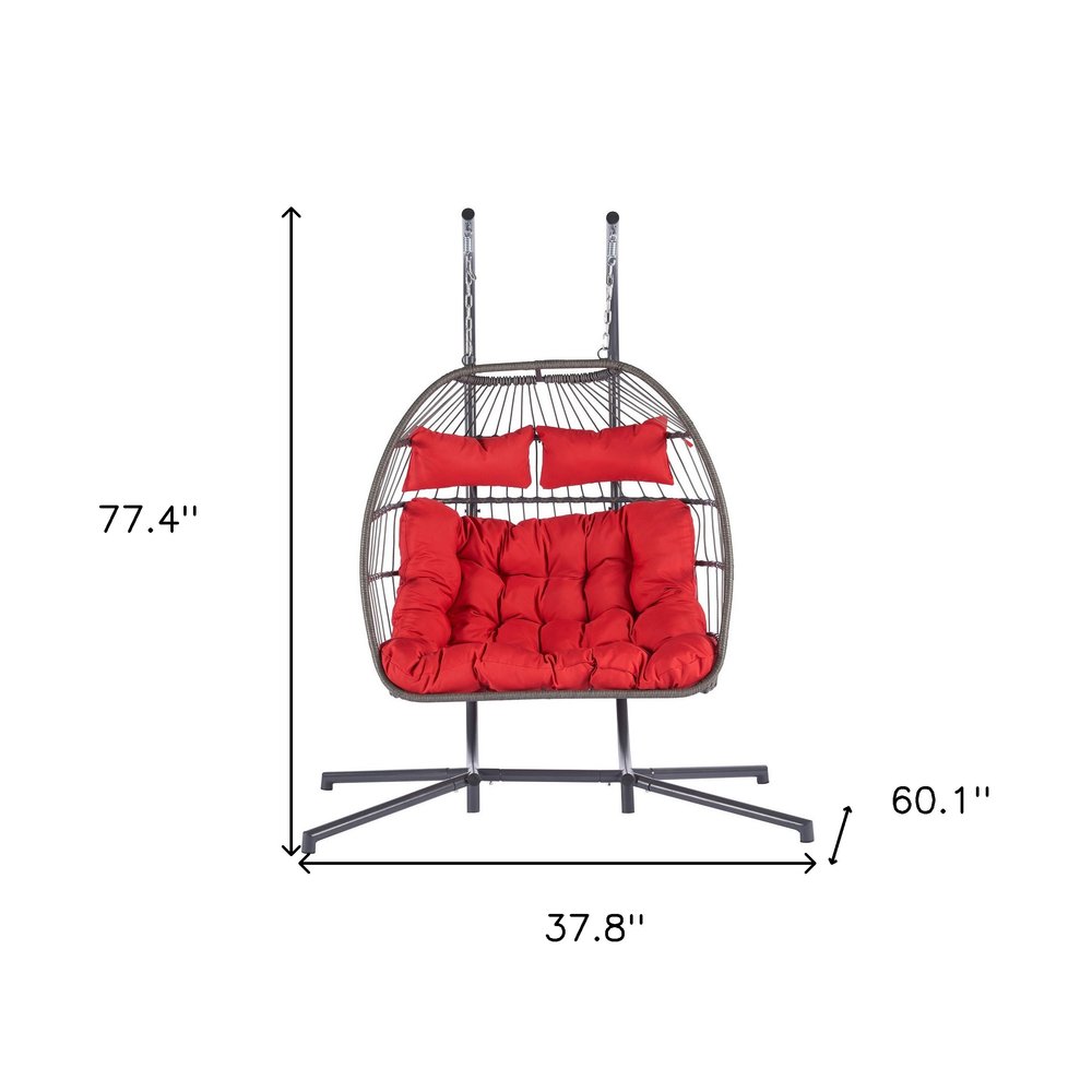 38" Red Gray And Black Faux Rattan Steel Outdoor Folding Egg Chair HomeRoots