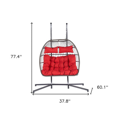 38" Red Gray And Black Faux Rattan Steel Outdoor Folding Egg Chair HomeRoots
