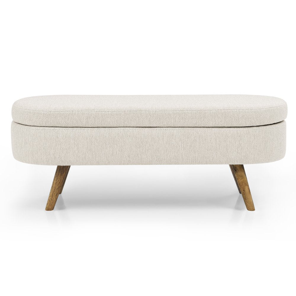 44" Beige and Brown Linen Upholstered Storage Bench with Flip Top HomeRoots