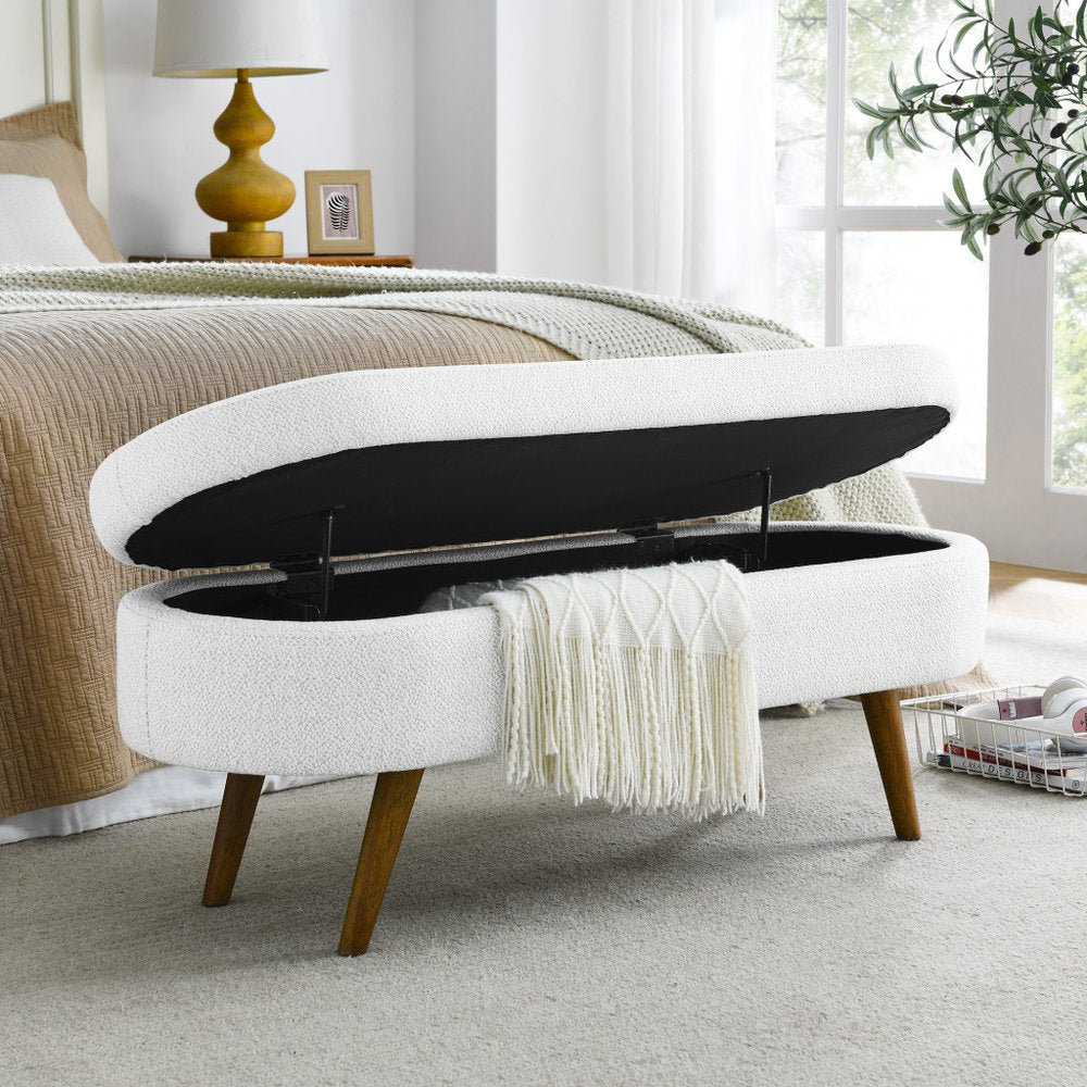 44" White and Brown Linen Upholstered Storage Bench with Flip Top HomeRoots
