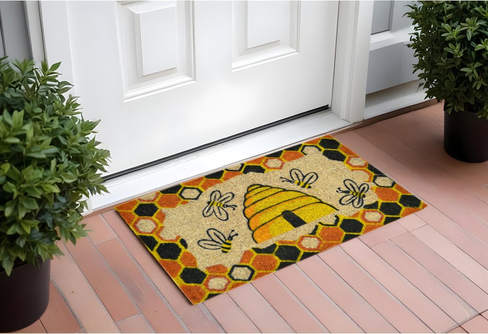 18" X 30" Beige and Orange Coir Bees Outdoor Spring Door Mat HomeRoots