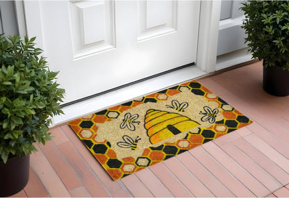 18" X 30" Beige and Orange Coir Bees Outdoor Spring Door Mat HomeRoots