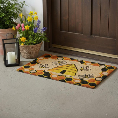 18" X 30" Beige and Orange Coir Bees Outdoor Spring Door Mat HomeRoots