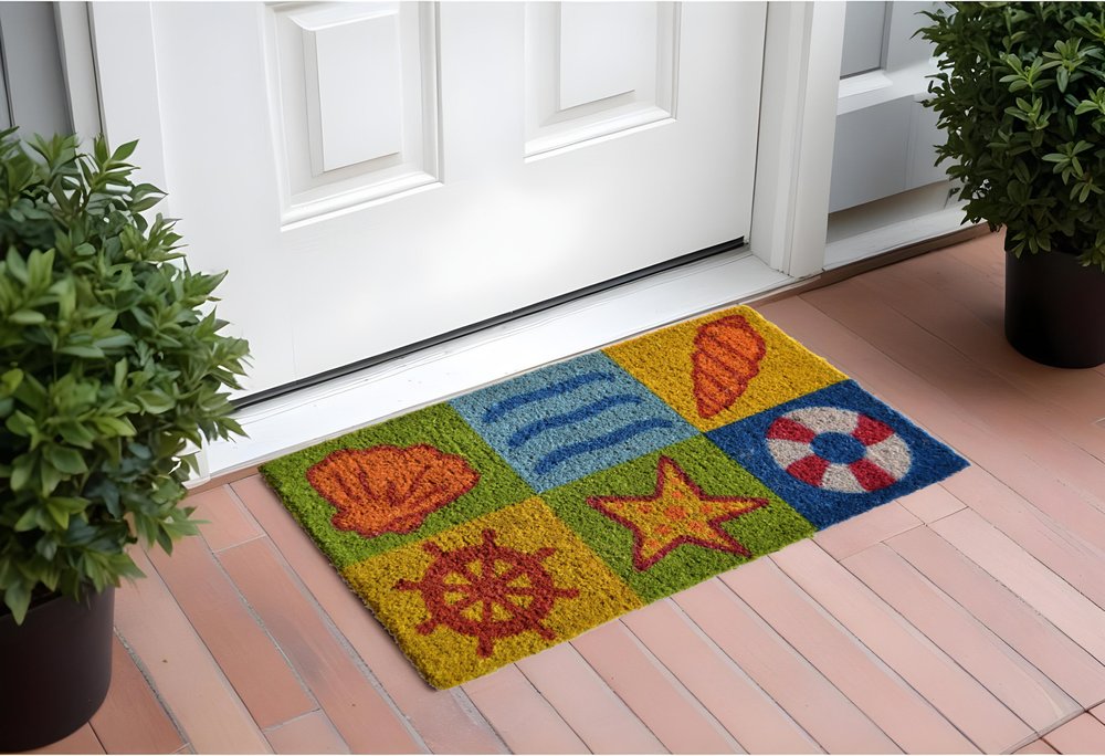 18" X 30" Orange Yellow Coir Seashells Outdoor Summer Door Mat HomeRoots