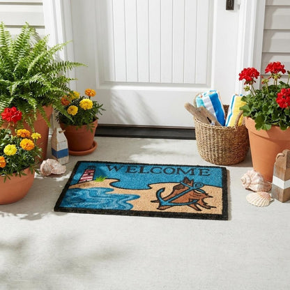 18" X 30" Blue And Black Anchor Welcome Outdoor Coir Door Mat HomeRoots