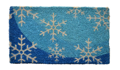 18" X 30" Blue and White Coir Snowflake Outdoor Winter Door Mat HomeRoots