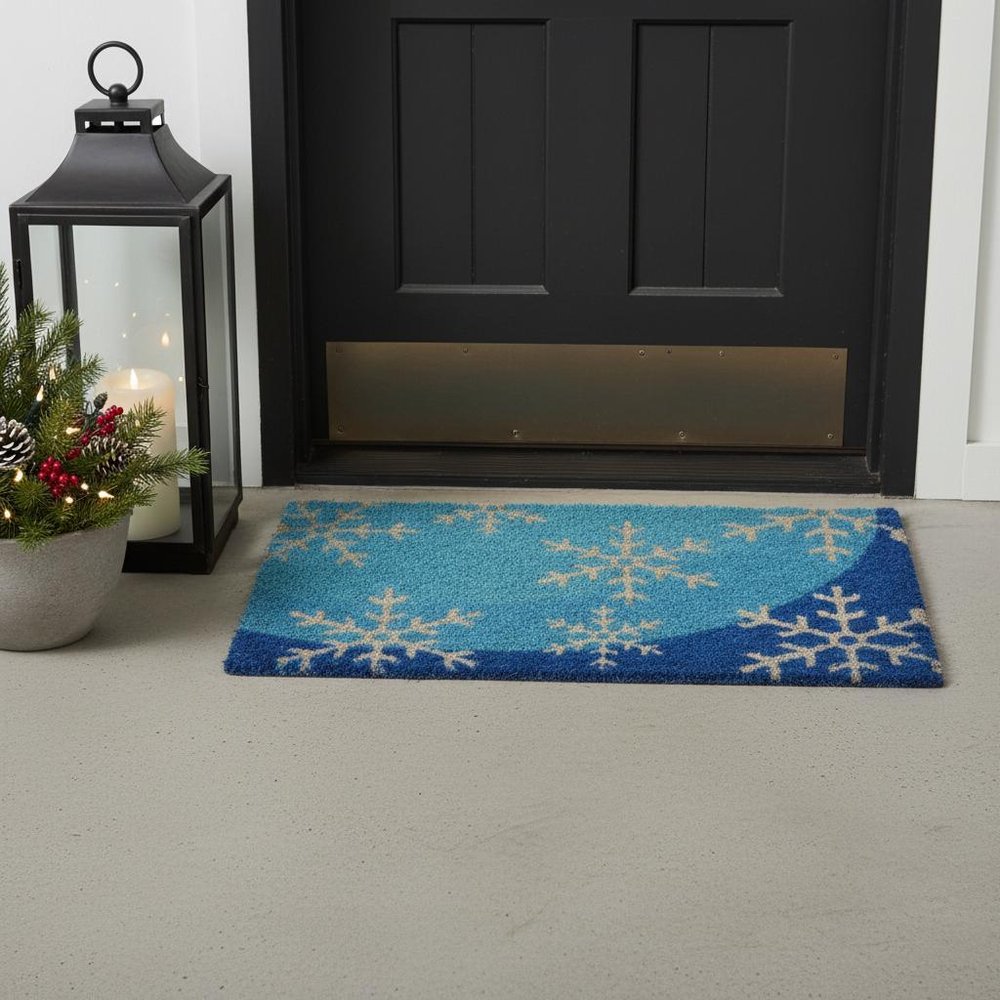 18" X 30" Blue and White Coir Snowflake Outdoor Winter Door Mat HomeRoots