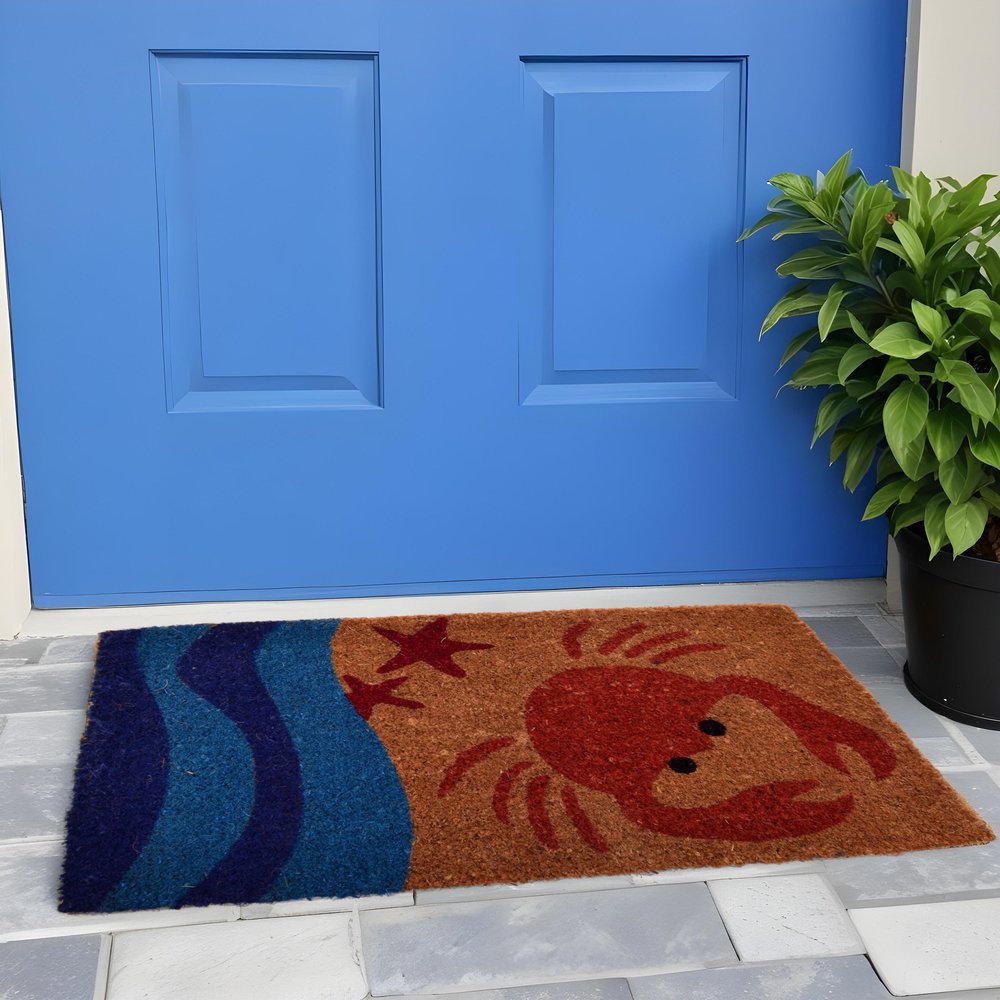 18" X 30" Blue and Red Coir Crab Outdoor Door Mat HomeRoots