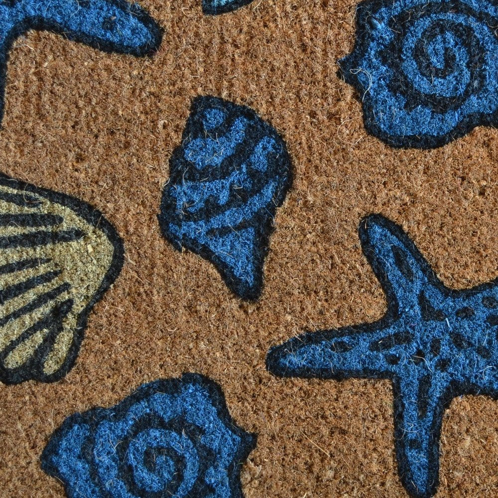 18" X 30" Blue and Brown Coir Seashells Outdoor Door Mat HomeRoots