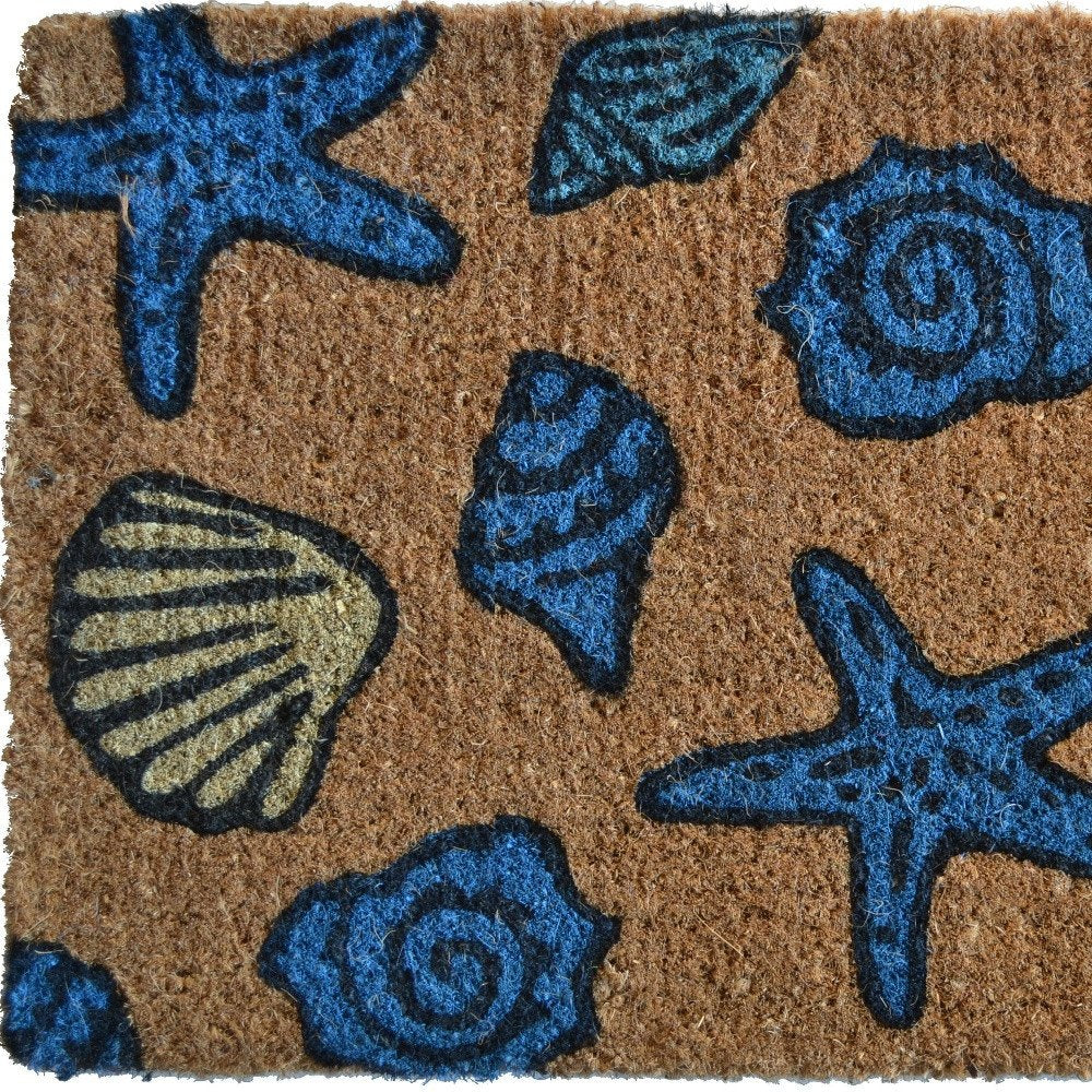 18" X 30" Blue and Brown Coir Seashells Outdoor Door Mat HomeRoots