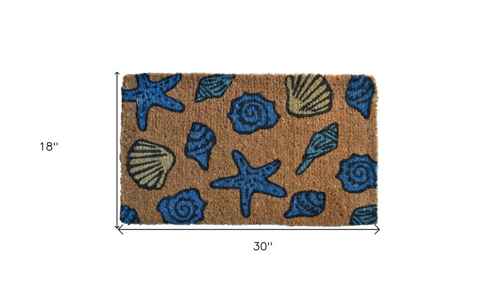 18" X 30" Blue and Brown Coir Seashells Outdoor Door Mat HomeRoots