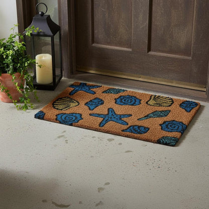 18" X 30" Blue and Brown Coir Seashells Outdoor Door Mat HomeRoots