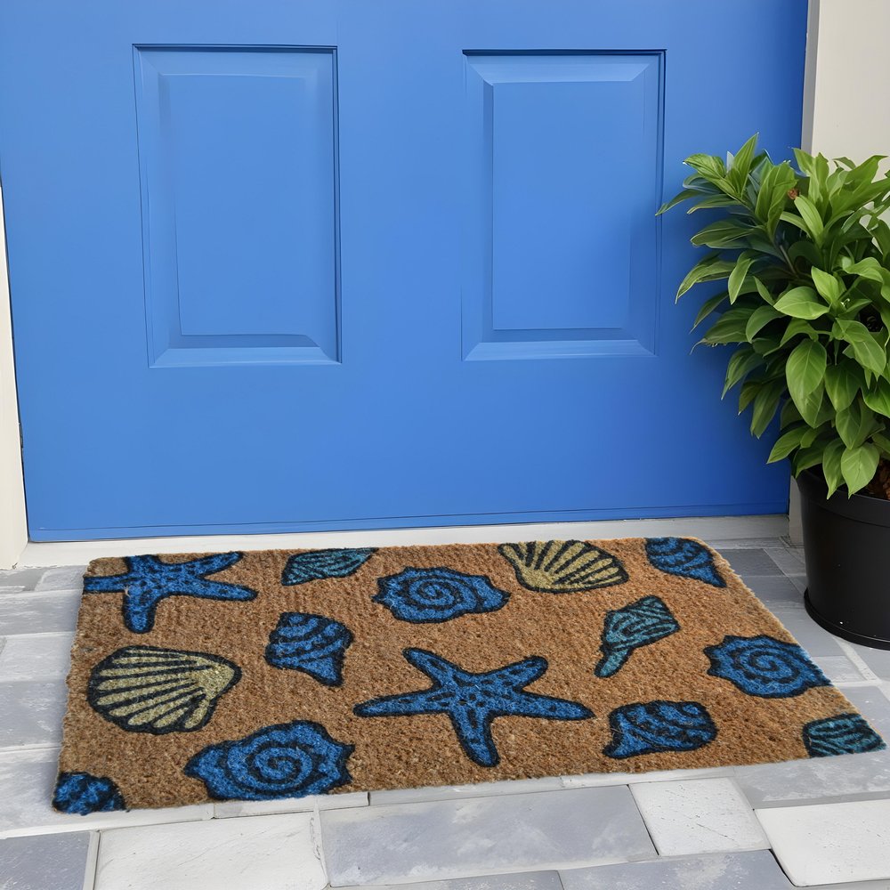 18" X 30" Blue and Brown Coir Seashells Outdoor Door Mat HomeRoots