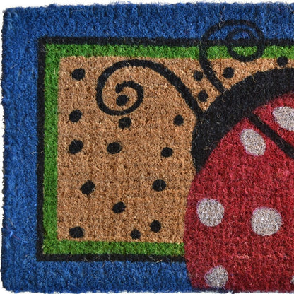 18" X 30" Blue and Brown Coir Ladybug Outdoor Door Mat HomeRoots