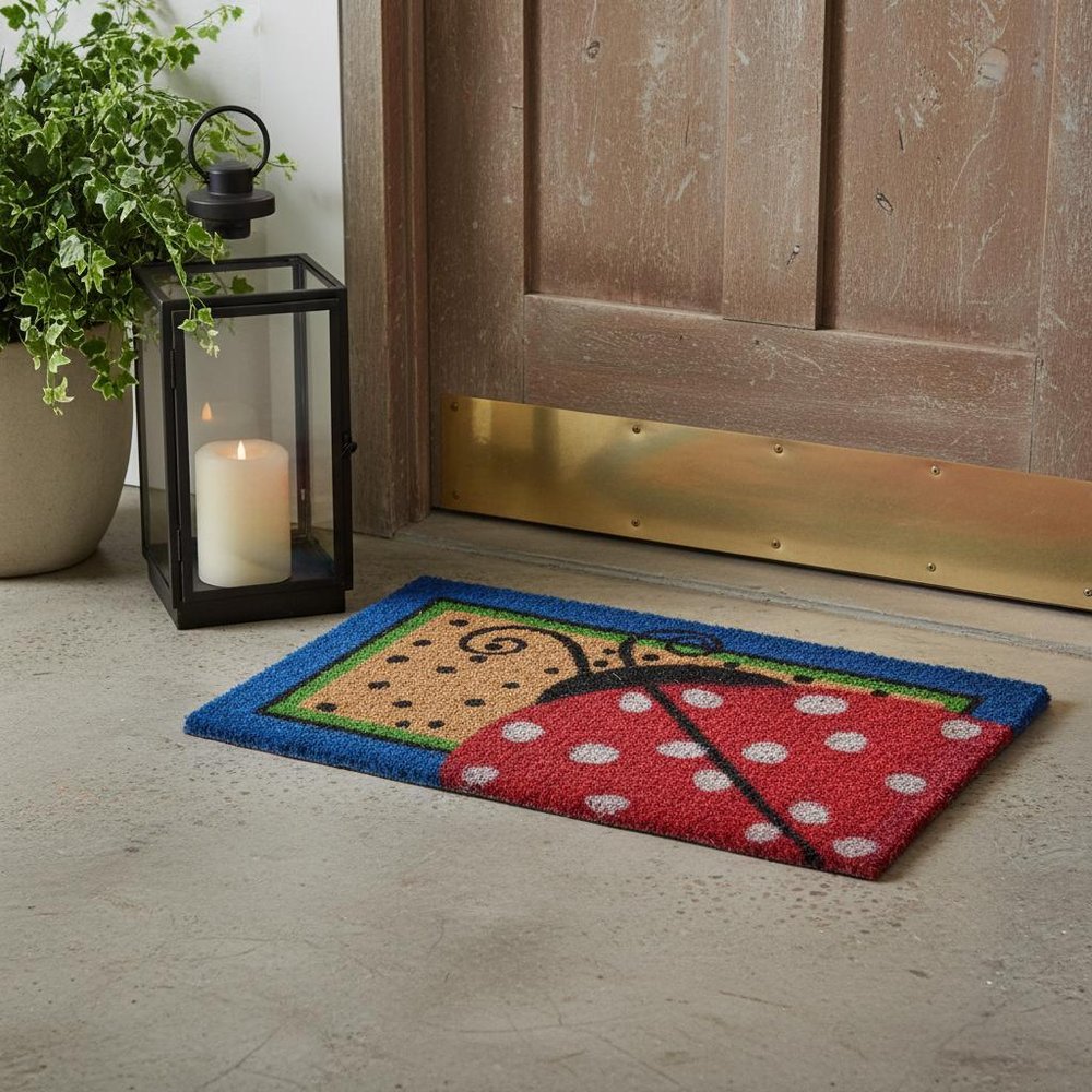 18" X 30" Blue and Brown Coir Ladybug Outdoor Door Mat HomeRoots