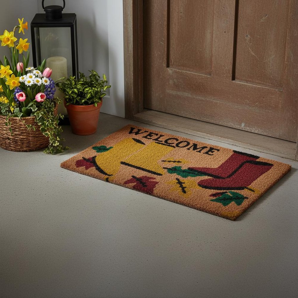 18" X 30" Brown and Red Coir Leaves Welcome Outdoor Spring Door Mat HomeRoots