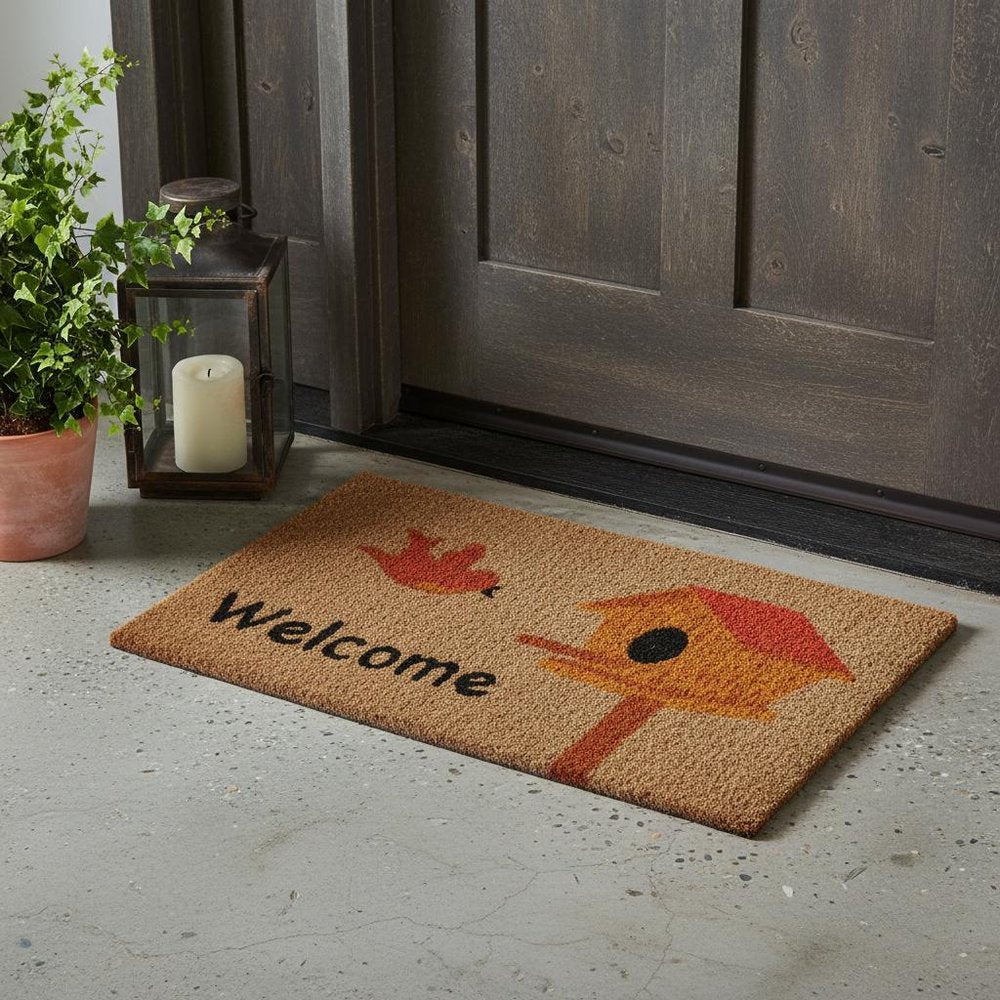 18" X 30" Beige and Black Coir Bird Welcome Outdoor Door Mat HomeRoots