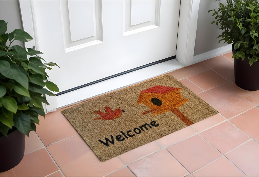18" X 30" Beige and Black Coir Bird Welcome Outdoor Door Mat HomeRoots