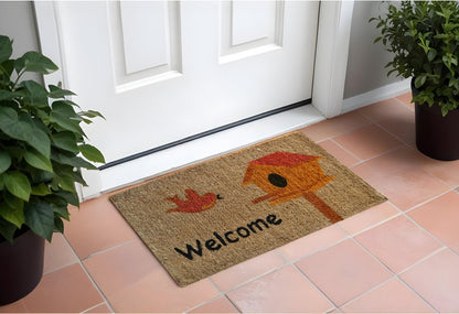 18" X 30" Beige and Black Coir Bird Welcome Outdoor Door Mat HomeRoots