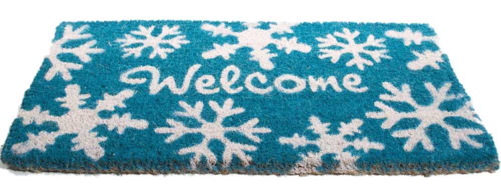 18" X 30" Aqua Blue and White Coir Snowflake Welcome Outdoor Winter Door Mat HomeRoots