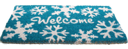 18" X 30" Aqua Blue and White Coir Snowflake Welcome Outdoor Winter Door Mat HomeRoots