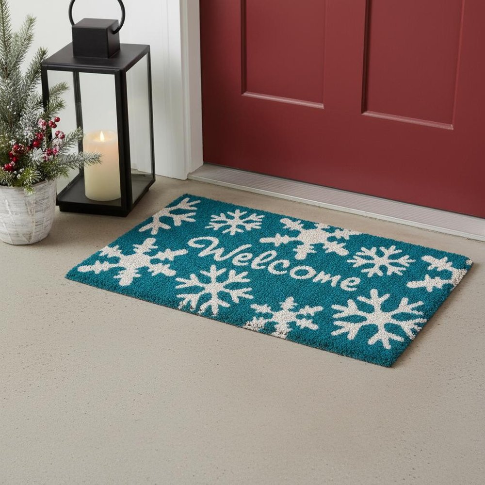18" X 30" Aqua Blue and White Coir Snowflake Welcome Outdoor Winter Door Mat HomeRoots