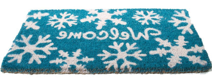 18" X 30" Aqua Blue and White Coir Snowflake Welcome Outdoor Winter Door Mat HomeRoots