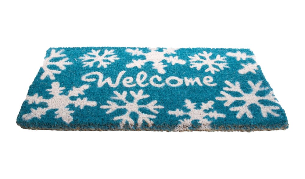 18" X 30" Aqua Blue and White Coir Snowflake Welcome Outdoor Winter Door Mat HomeRoots