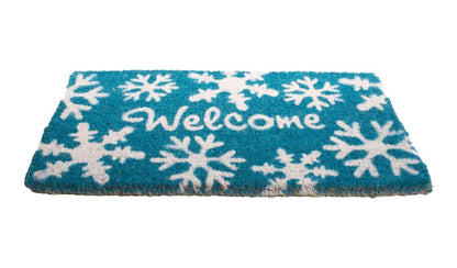 18" X 30" Aqua Blue and White Coir Snowflake Welcome Outdoor Winter Door Mat HomeRoots