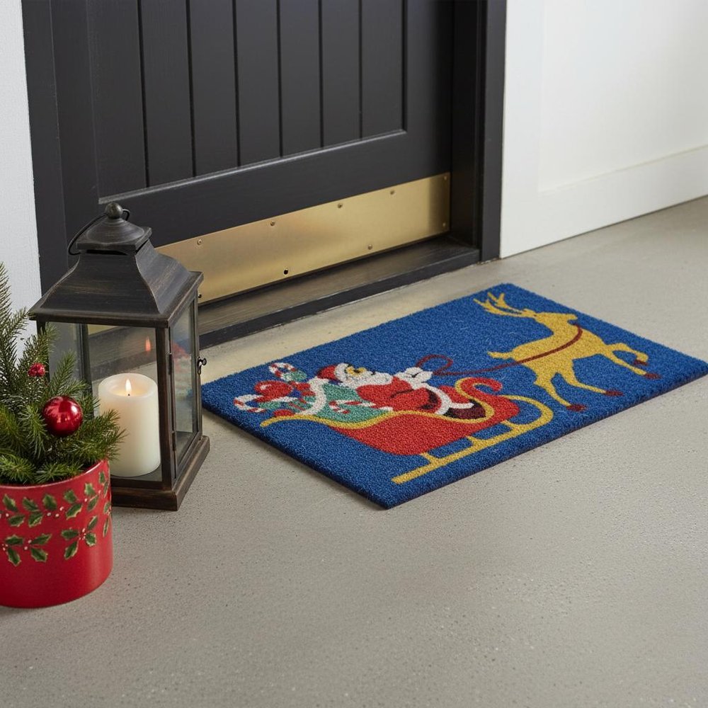18" X 30" Blue and Yellow Coir Santa Claus Outdoor Holiday Door Mat HomeRoots