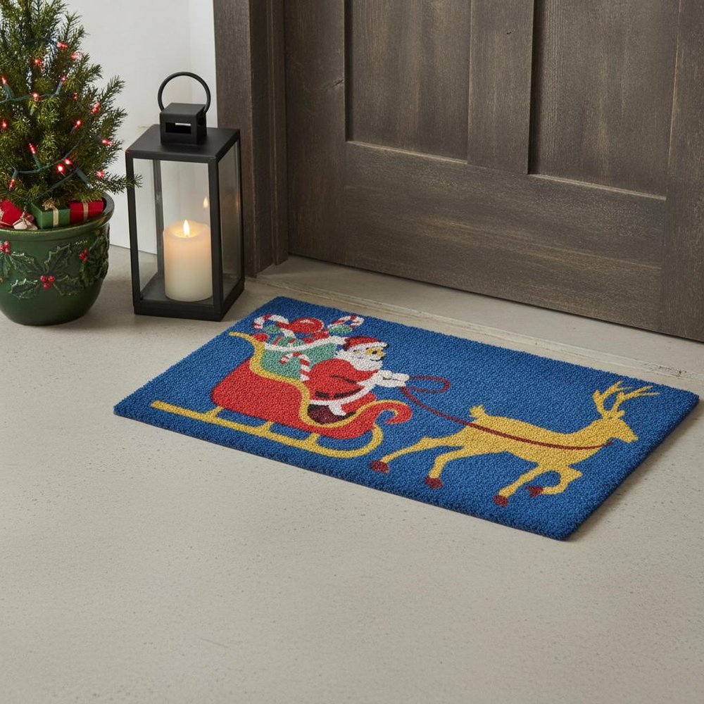 18" X 30" Blue and Yellow Coir Santa Claus Outdoor Holiday Door Mat HomeRoots