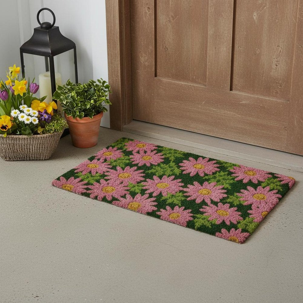 18" X 30" Pink and Green Coir Floral Outdoor Spring Door Mat HomeRoots
