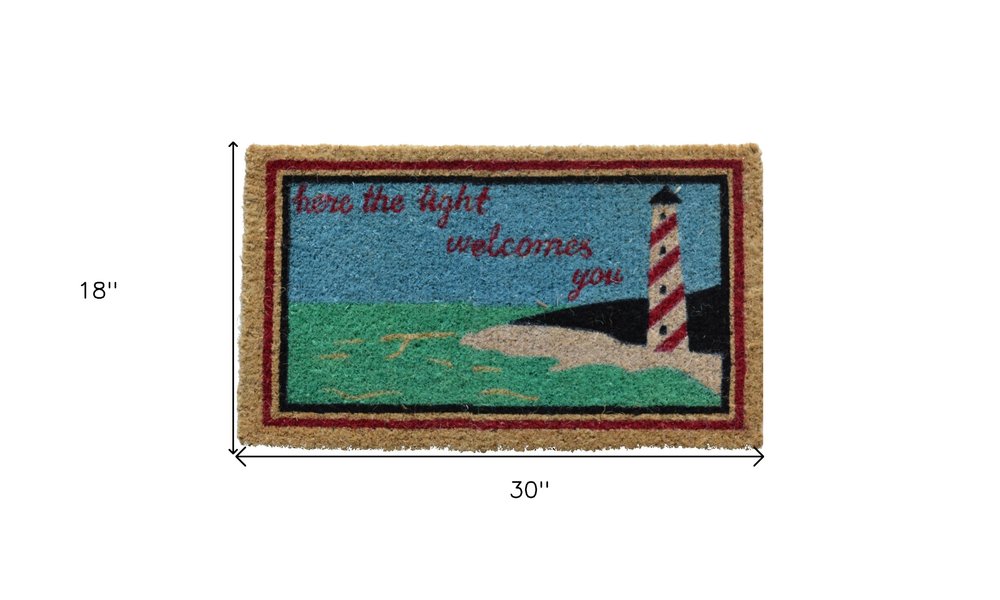 18" X 30" Brown Coir Lighthouse Here The Light Welcomes You Outdoor Door Mat HomeRoots
