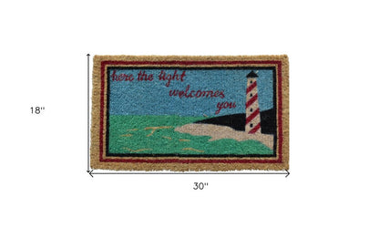 18" X 30" Brown Coir Lighthouse Here The Light Welcomes You Outdoor Door Mat HomeRoots