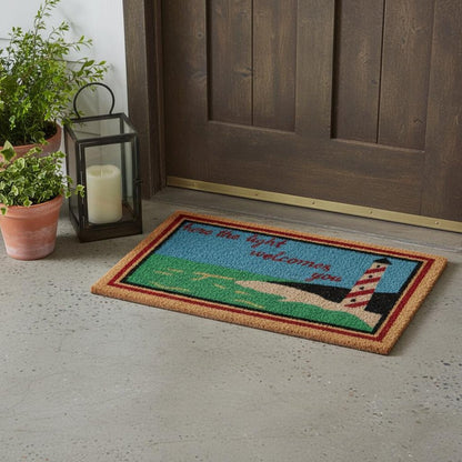 18" X 30" Brown Coir Lighthouse Here The Light Welcomes You Outdoor Door Mat HomeRoots