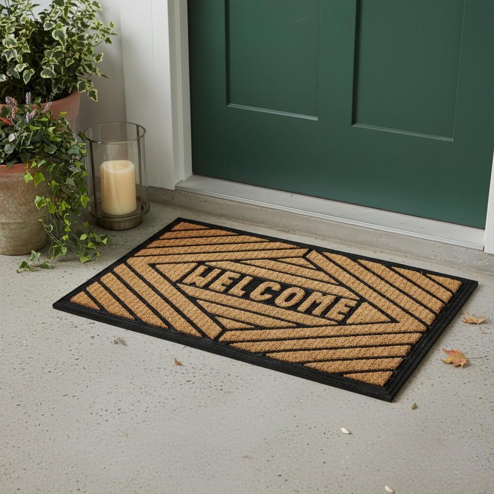 18" X 30" Brown and Black Rubber Welcome Outdoor Door Mat HomeRoots