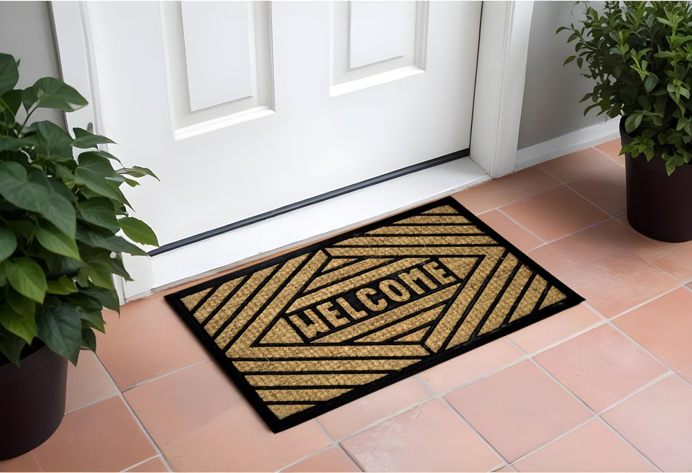 18" X 30" Brown and Black Rubber Welcome Outdoor Door Mat HomeRoots