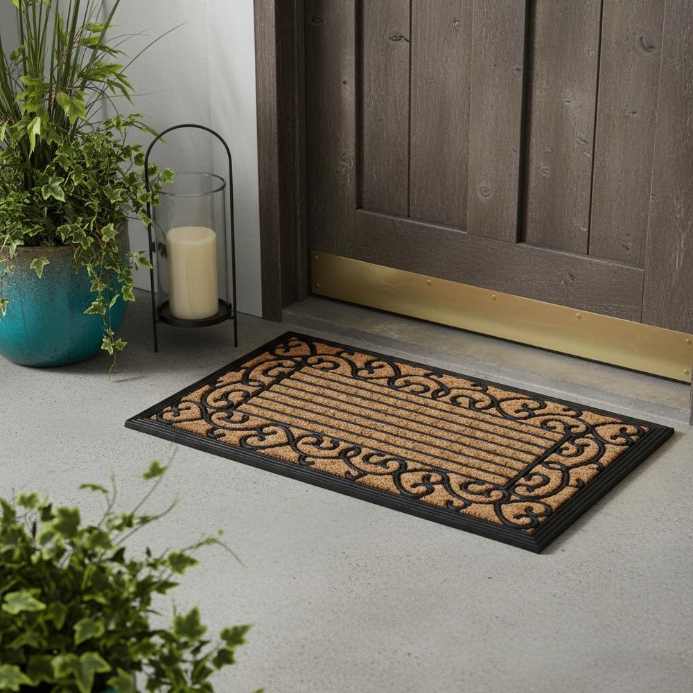 18" X 30" Brown and Black Rubber Scrollwork Outdoor Door Mat HomeRoots