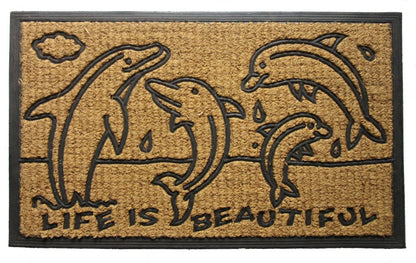 18" X 30" Brown and Black Rubber And Coir Dolphin Life is Beautiful Outdoor Door Mat HomeRoots