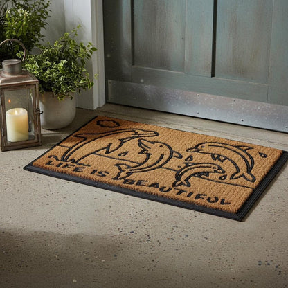 18" X 30" Brown and Black Rubber And Coir Dolphin Life is Beautiful Outdoor Door Mat HomeRoots