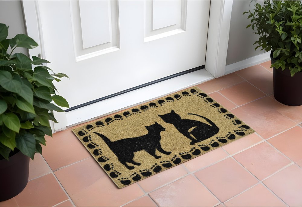 18" X 30" Beige and Black Coir Cat Outdoor Door Mat HomeRoots